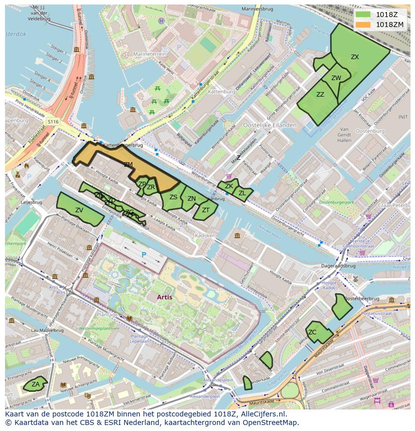 Afbeelding van het postcodegebied 1018 ZM op de kaart.