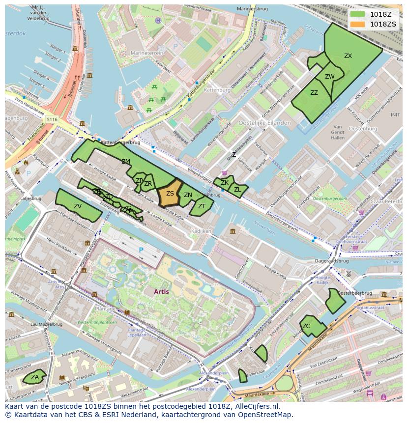 Afbeelding van het postcodegebied 1018 ZS op de kaart.