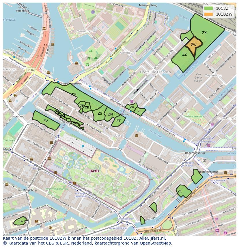 Afbeelding van het postcodegebied 1018 ZW op de kaart.