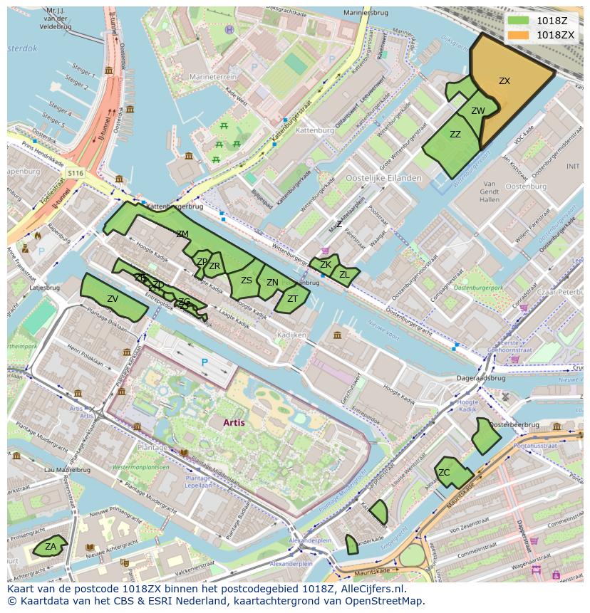 Afbeelding van het postcodegebied 1018 ZX op de kaart.