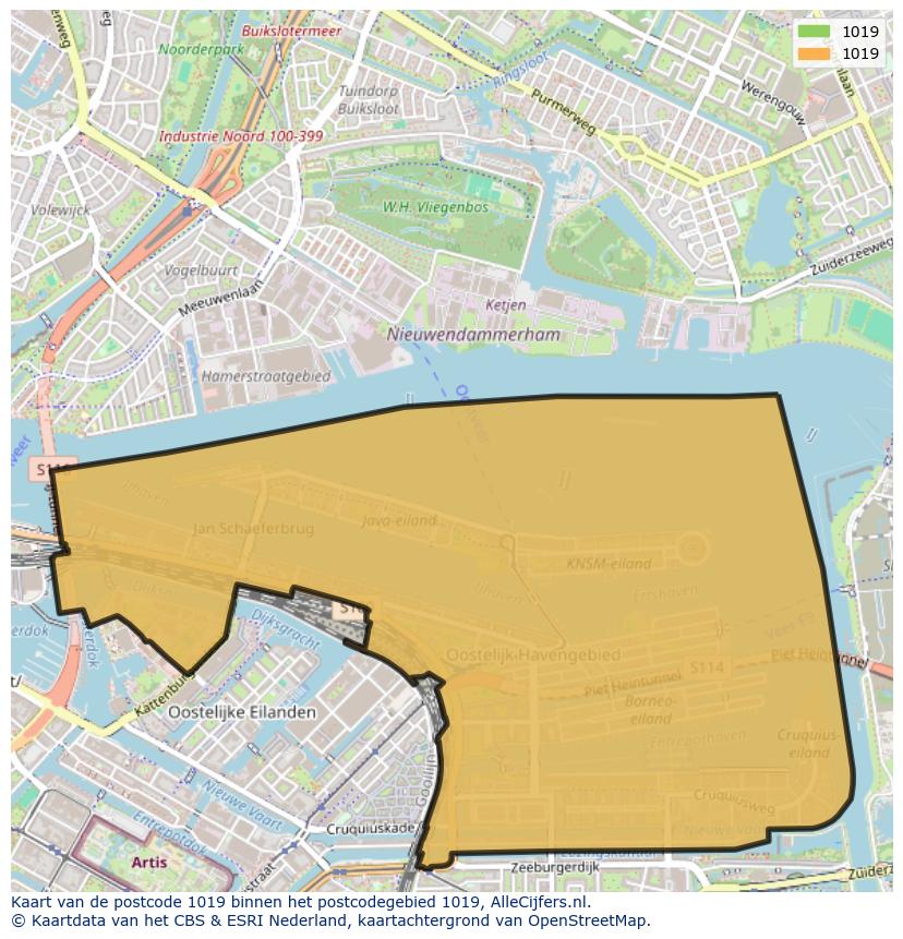 Afbeelding van het postcodegebied 1019 op de kaart.