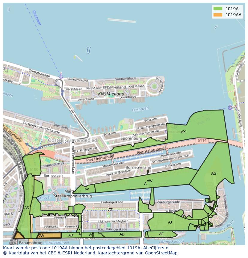 Afbeelding van het postcodegebied 1019 AA op de kaart.