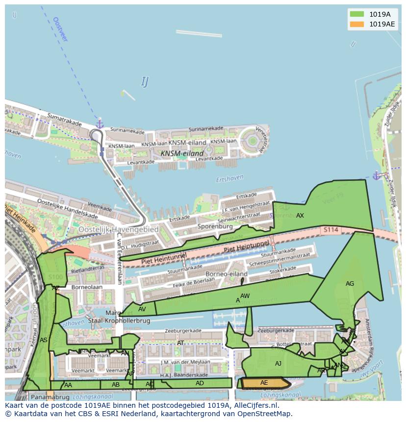 Afbeelding van het postcodegebied 1019 AE op de kaart.