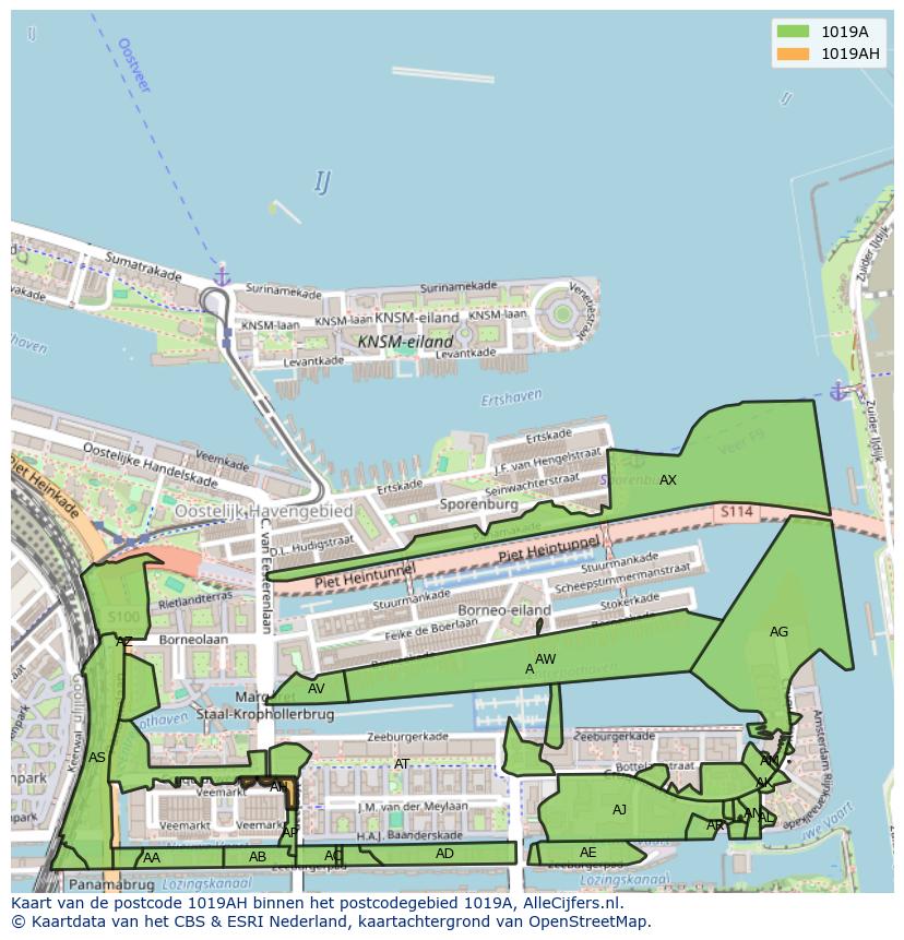 Afbeelding van het postcodegebied 1019 AH op de kaart.