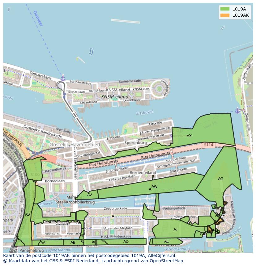 Afbeelding van het postcodegebied 1019 AK op de kaart.