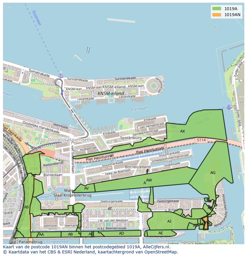 Afbeelding van het postcodegebied 1019 AN op de kaart.