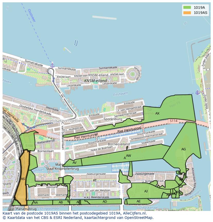 Afbeelding van het postcodegebied 1019 AS op de kaart.