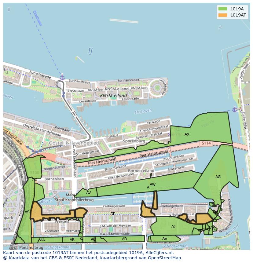 Afbeelding van het postcodegebied 1019 AT op de kaart.
