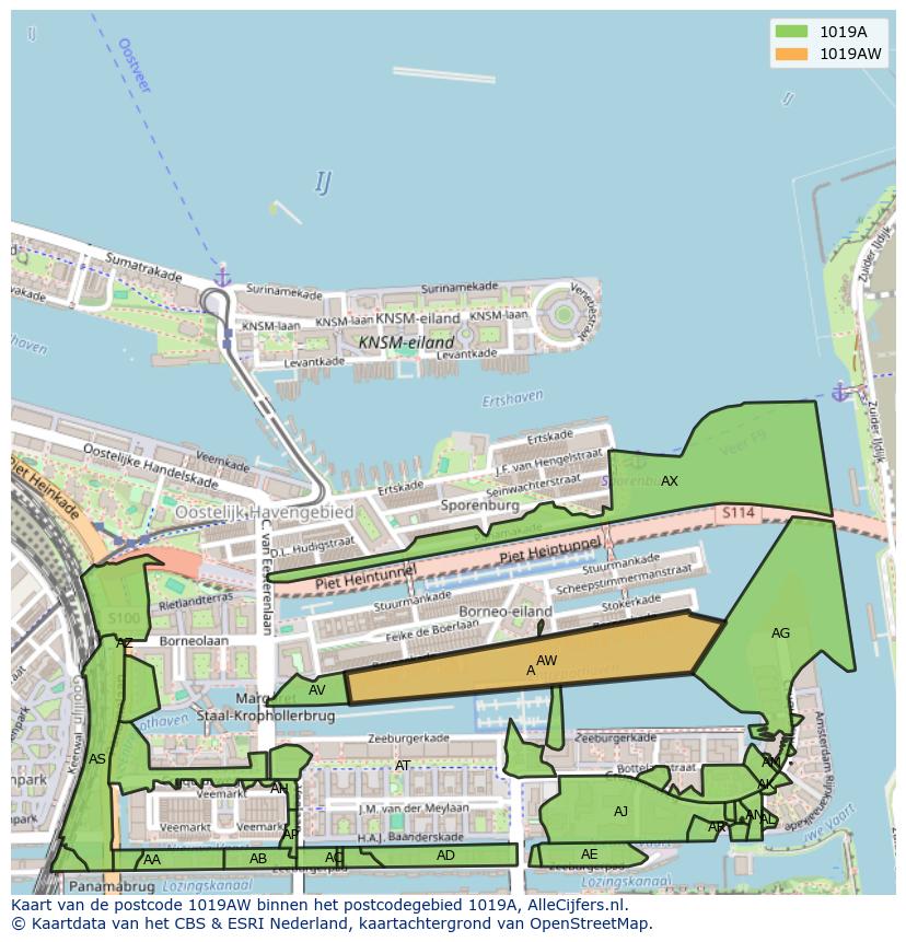 Afbeelding van het postcodegebied 1019 AW op de kaart.