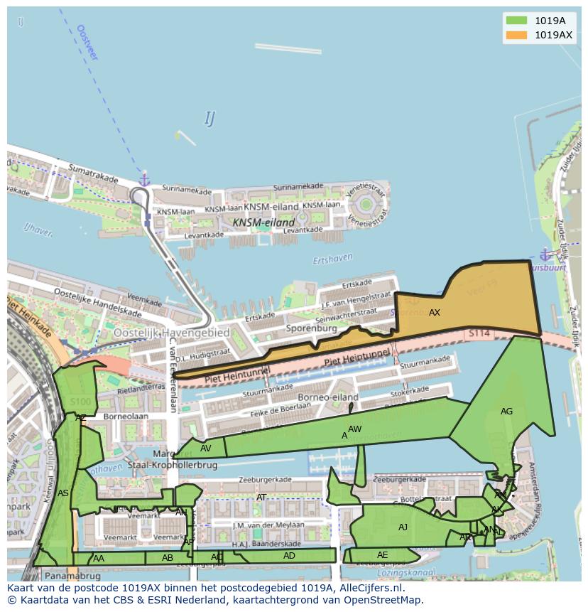 Afbeelding van het postcodegebied 1019 AX op de kaart.