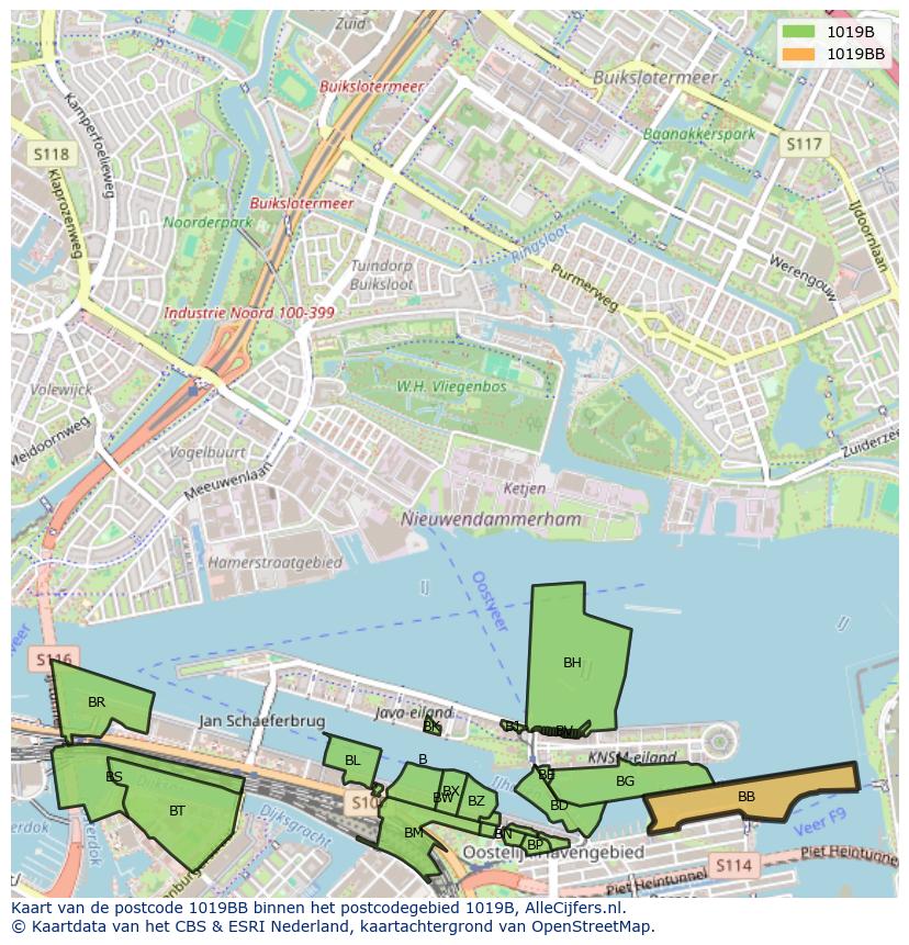 Afbeelding van het postcodegebied 1019 BB op de kaart.