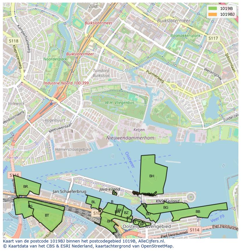 Afbeelding van het postcodegebied 1019 BJ op de kaart.