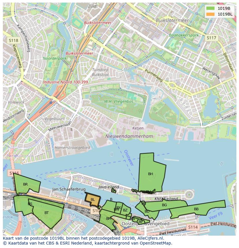 Afbeelding van het postcodegebied 1019 BL op de kaart.