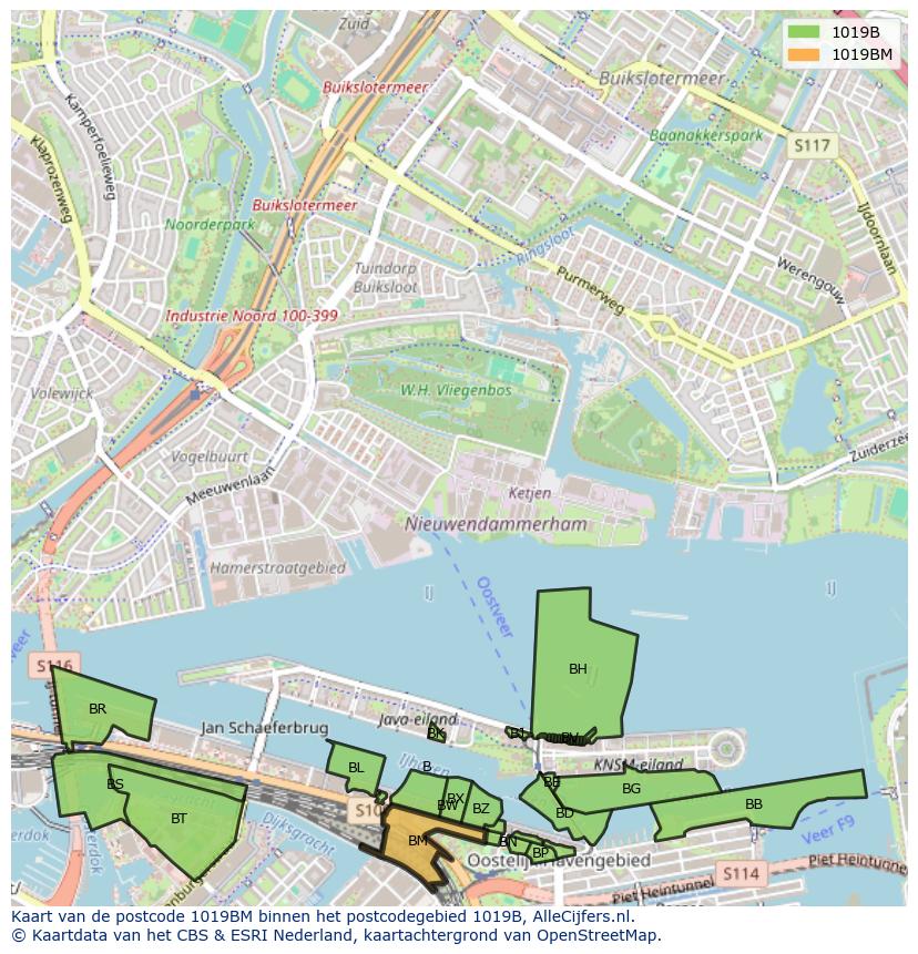 Afbeelding van het postcodegebied 1019 BM op de kaart.