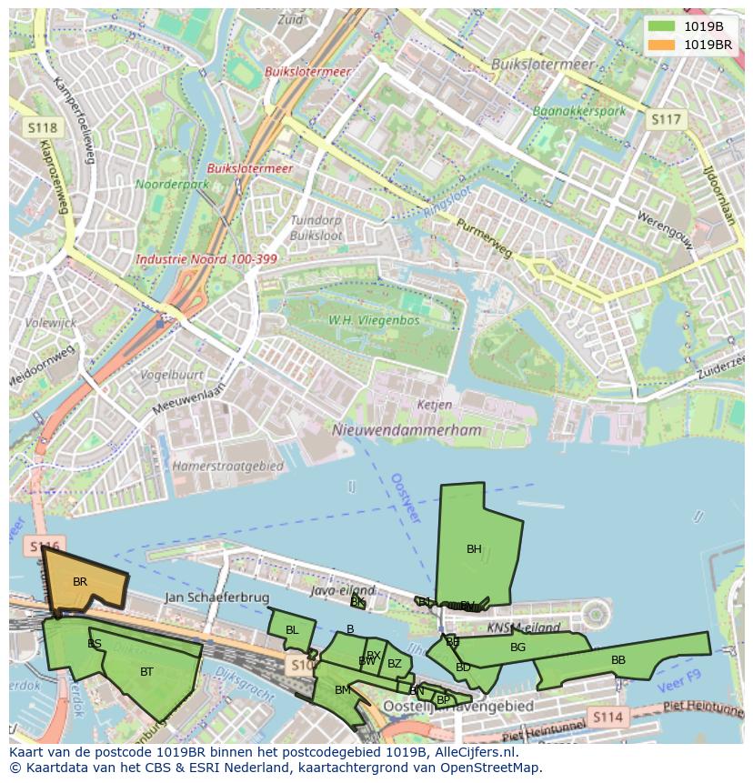 Afbeelding van het postcodegebied 1019 BR op de kaart.