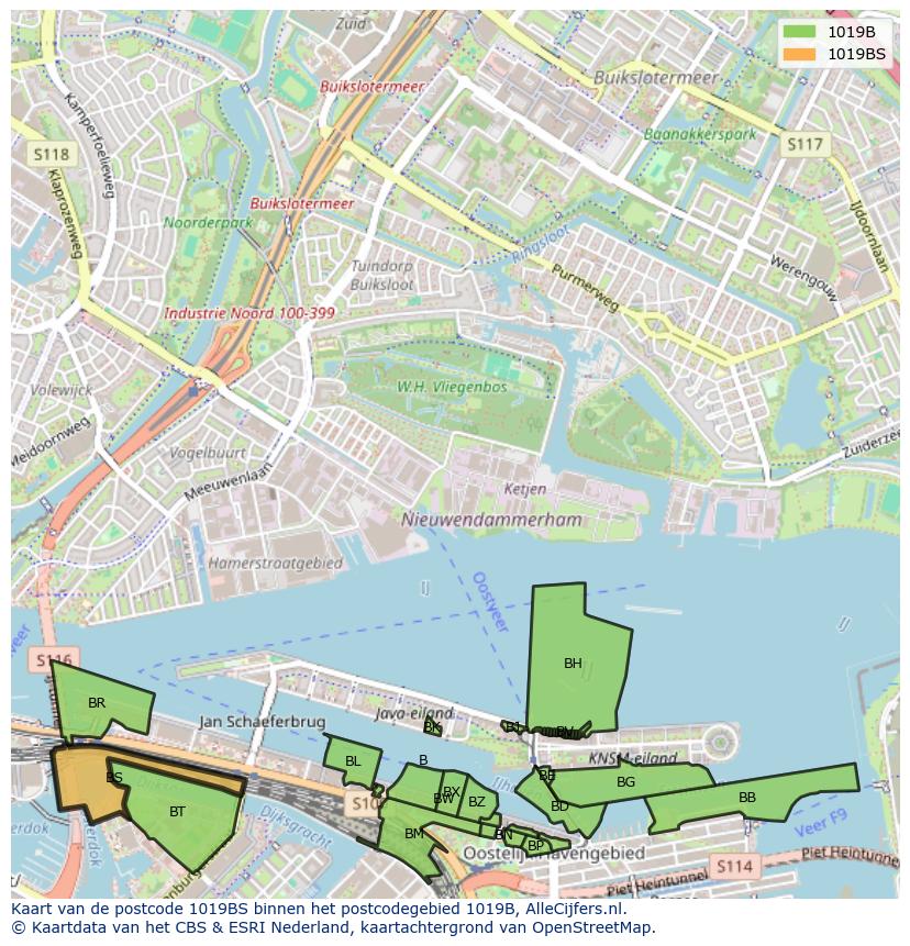 Afbeelding van het postcodegebied 1019 BS op de kaart.