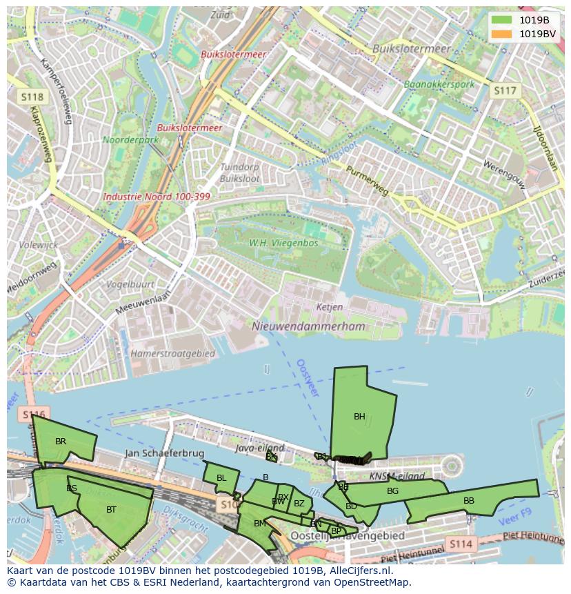 Afbeelding van het postcodegebied 1019 BV op de kaart.