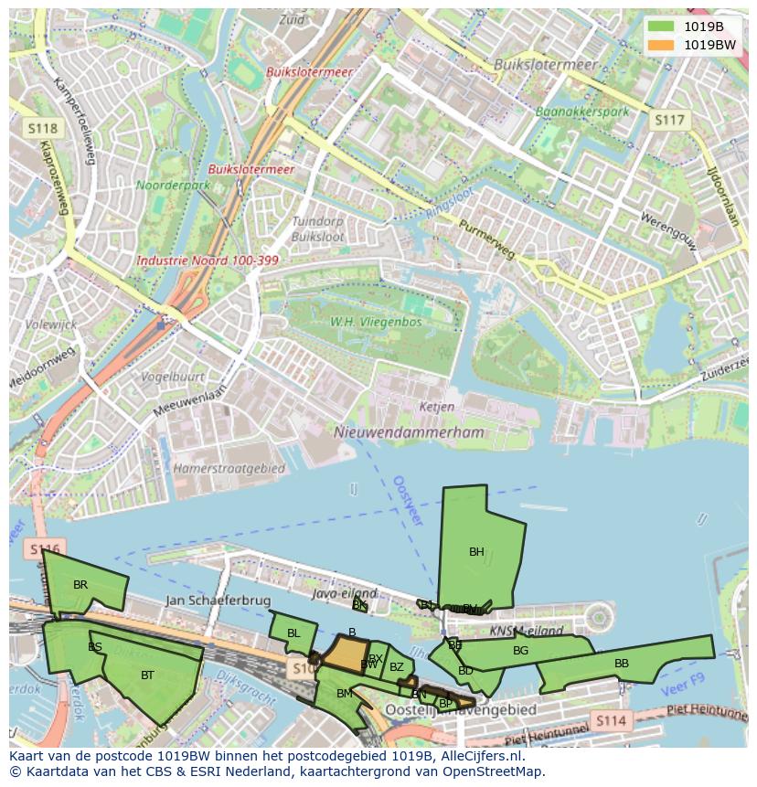 Afbeelding van het postcodegebied 1019 BW op de kaart.