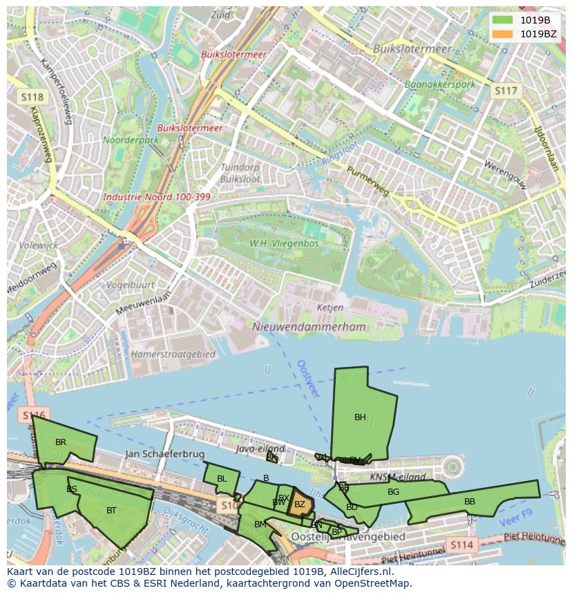 Afbeelding van het postcodegebied 1019 BZ op de kaart.