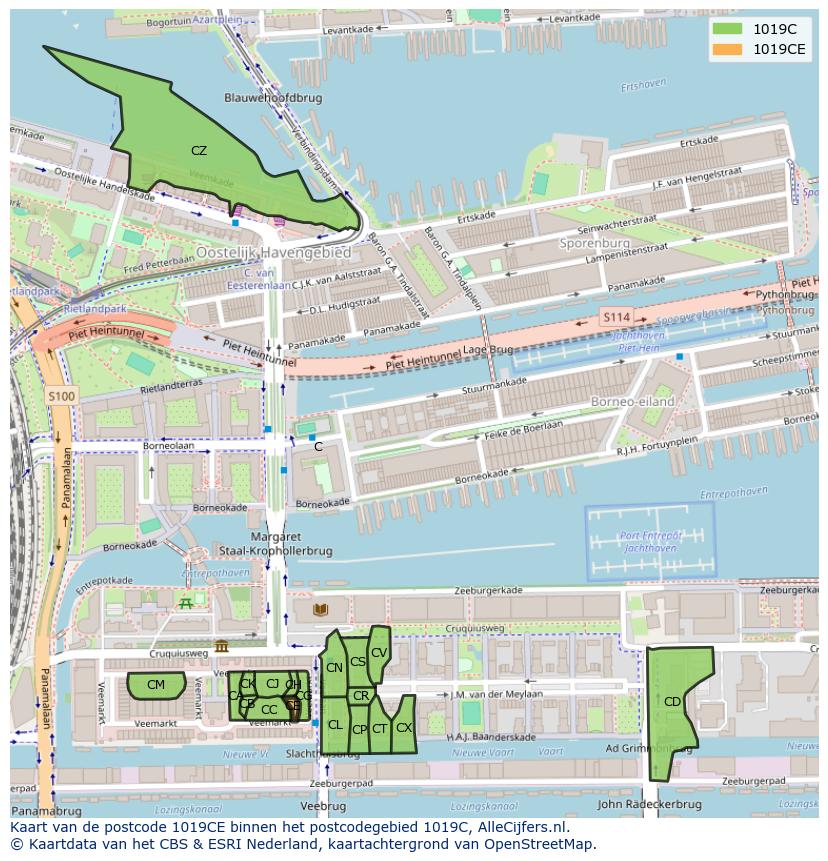 Afbeelding van het postcodegebied 1019 CE op de kaart.