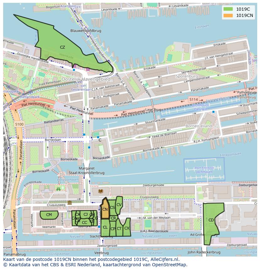 Afbeelding van het postcodegebied 1019 CN op de kaart.