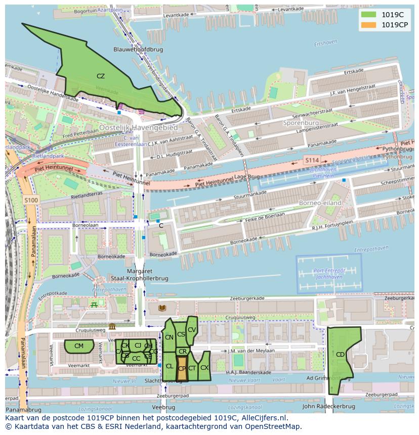 Afbeelding van het postcodegebied 1019 CP op de kaart.