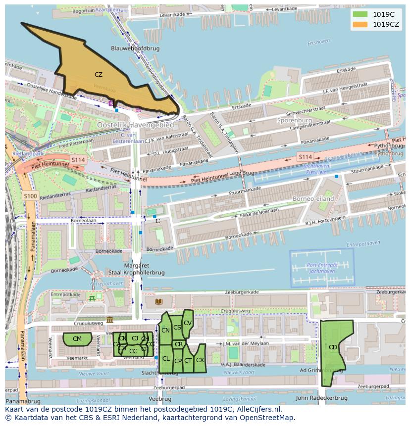 Afbeelding van het postcodegebied 1019 CZ op de kaart.