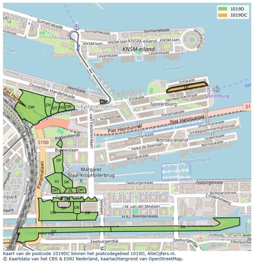 Afbeelding van het postcodegebied 1019 DC op de kaart.
