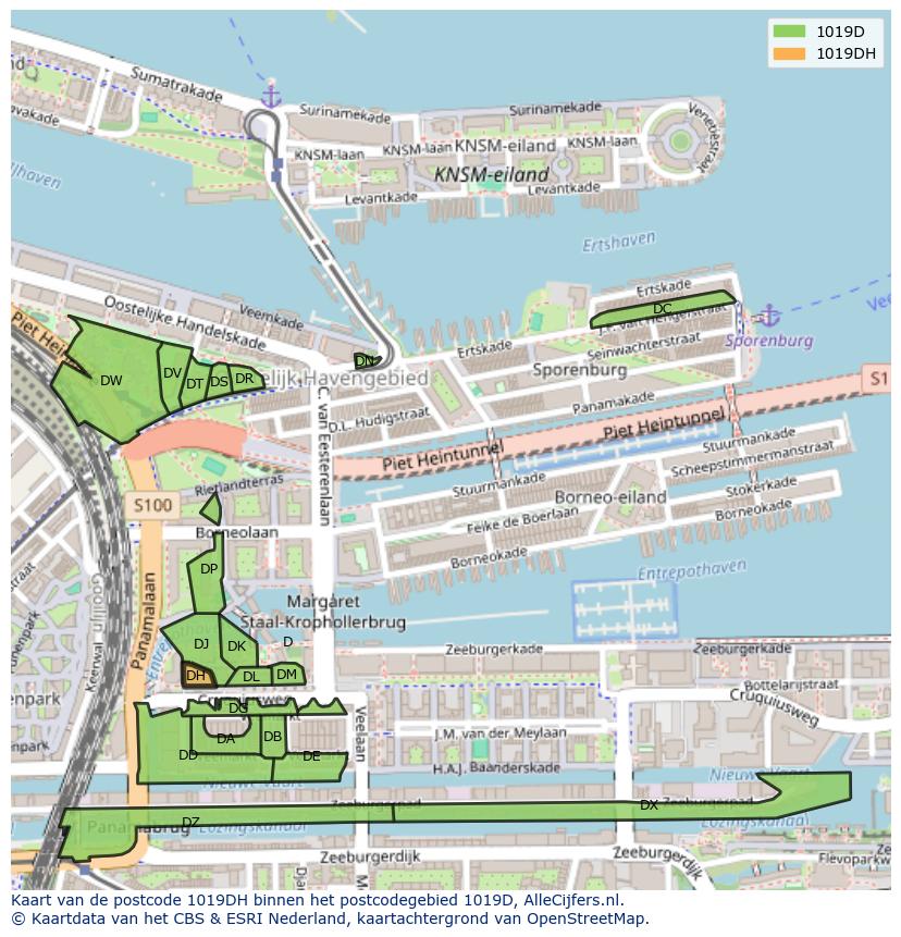 Afbeelding van het postcodegebied 1019 DH op de kaart.