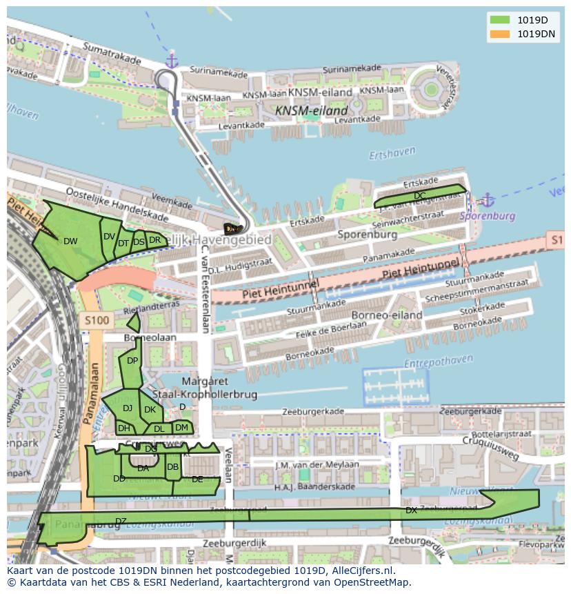 Afbeelding van het postcodegebied 1019 DN op de kaart.
