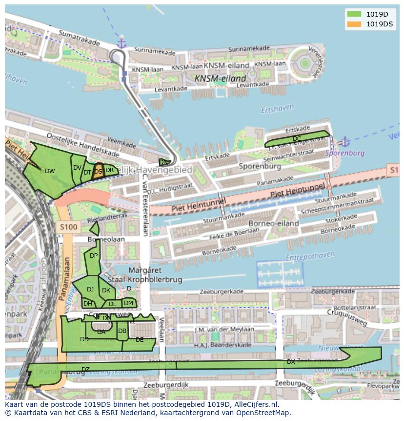 Afbeelding van het postcodegebied 1019 DS op de kaart.