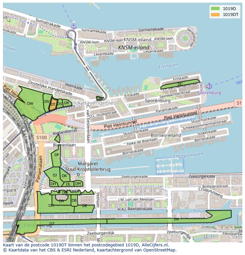 Afbeelding van het postcodegebied 1019 DT op de kaart.