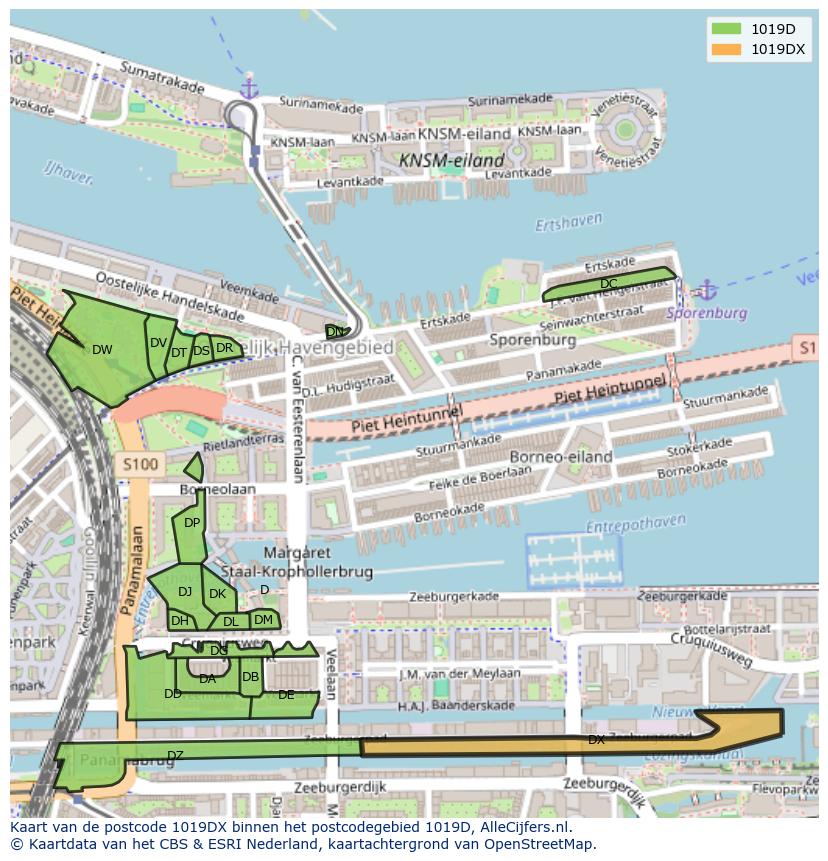 Afbeelding van het postcodegebied 1019 DX op de kaart.