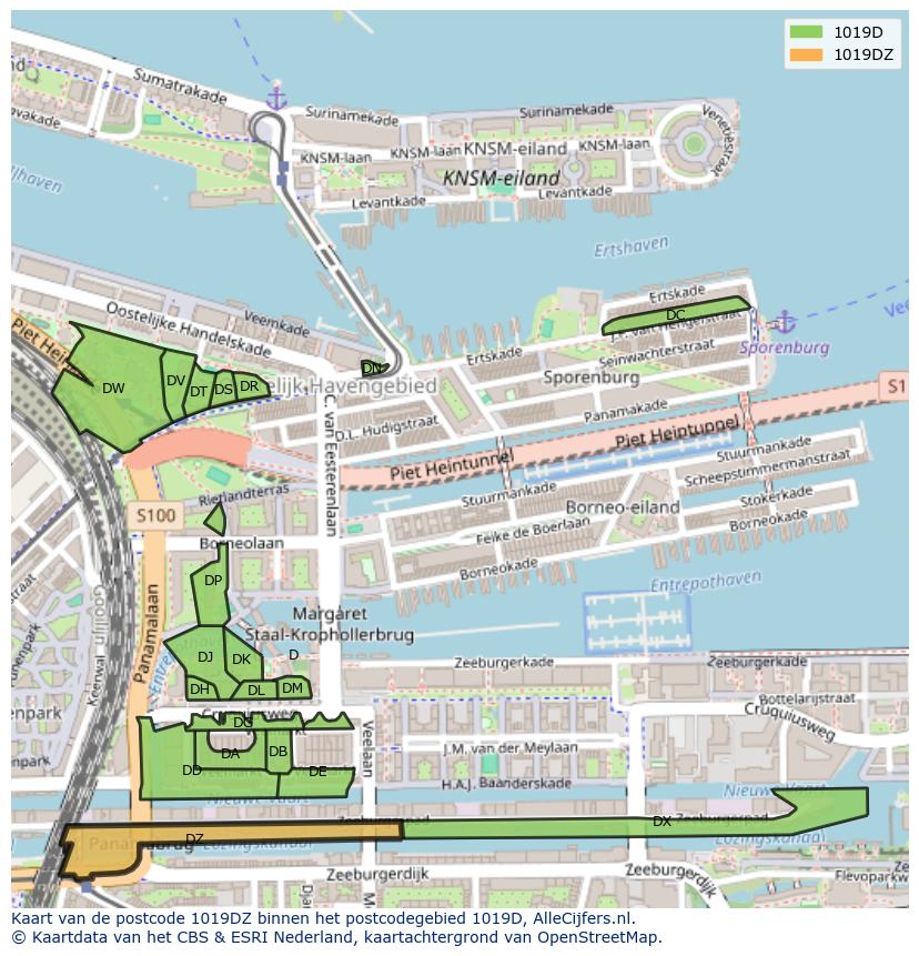 Afbeelding van het postcodegebied 1019 DZ op de kaart.