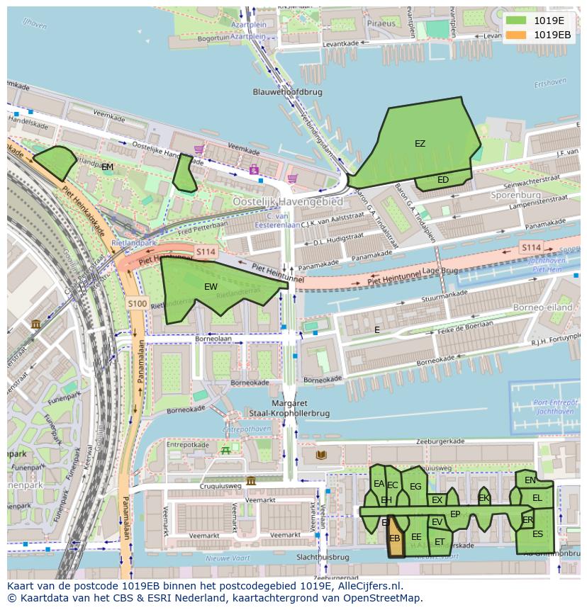 Afbeelding van het postcodegebied 1019 EB op de kaart.