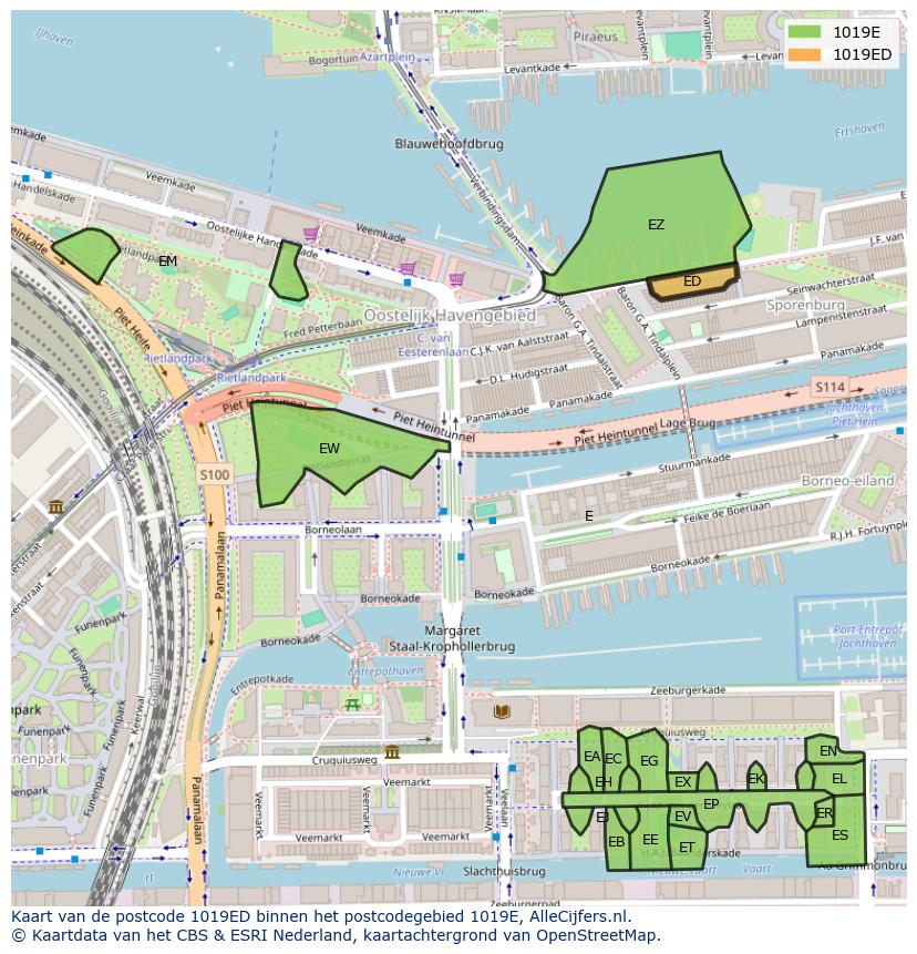 Afbeelding van het postcodegebied 1019 ED op de kaart.