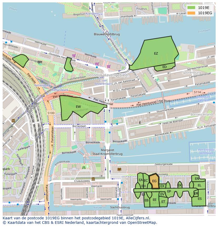 Afbeelding van het postcodegebied 1019 EG op de kaart.
