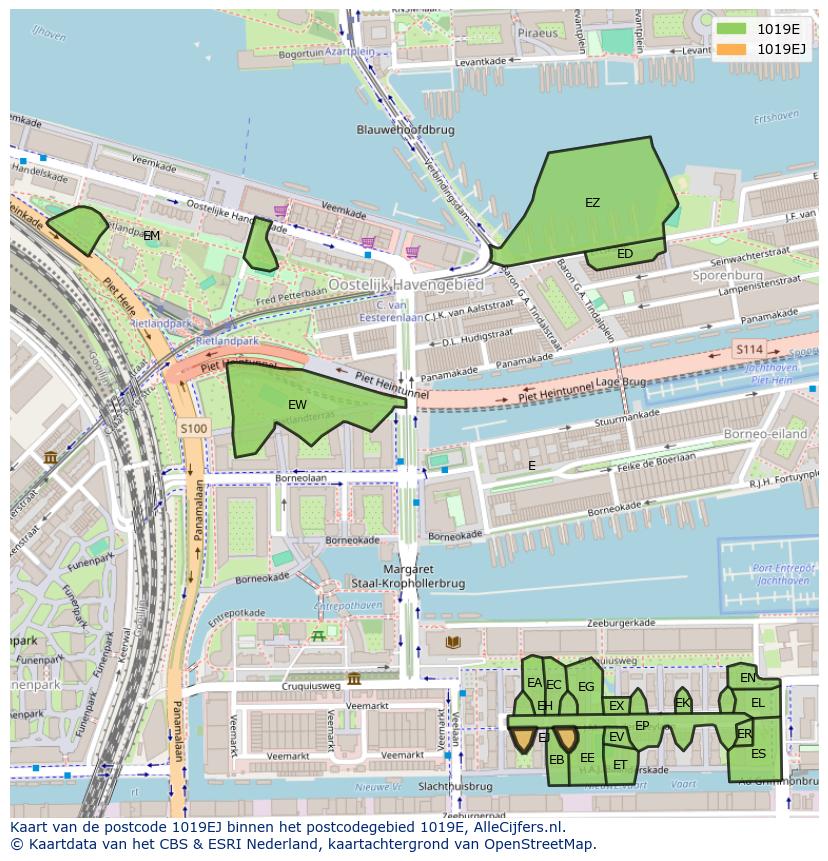 Afbeelding van het postcodegebied 1019 EJ op de kaart.