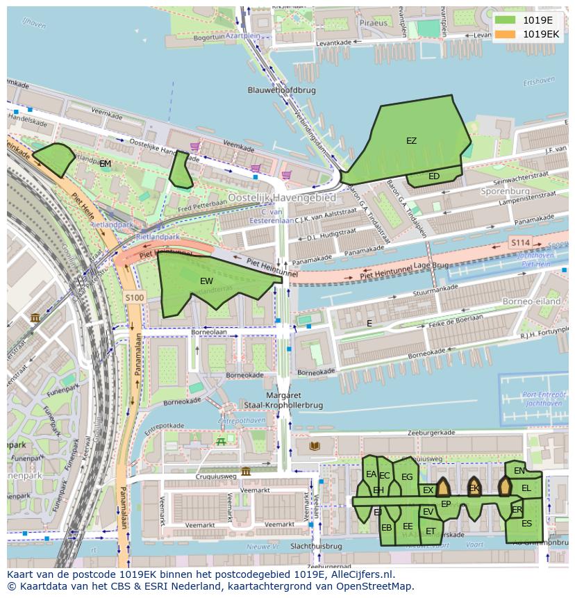 Afbeelding van het postcodegebied 1019 EK op de kaart.