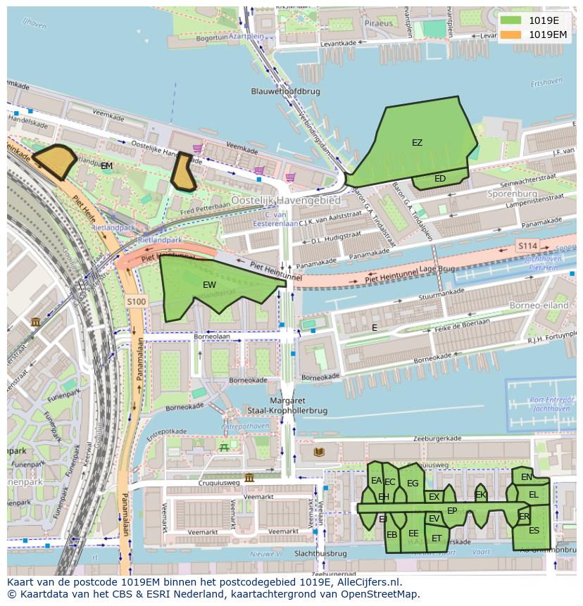 Afbeelding van het postcodegebied 1019 EM op de kaart.