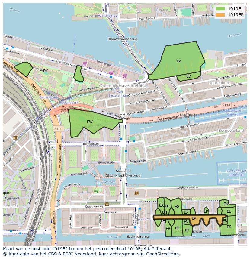 Afbeelding van het postcodegebied 1019 EP op de kaart.