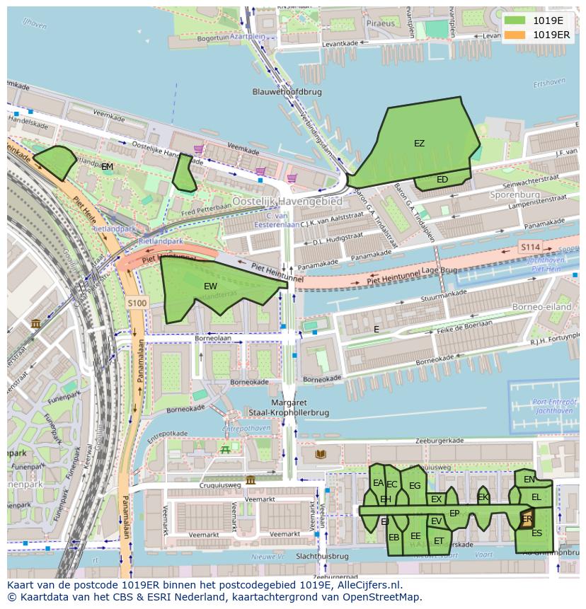 Afbeelding van het postcodegebied 1019 ER op de kaart.
