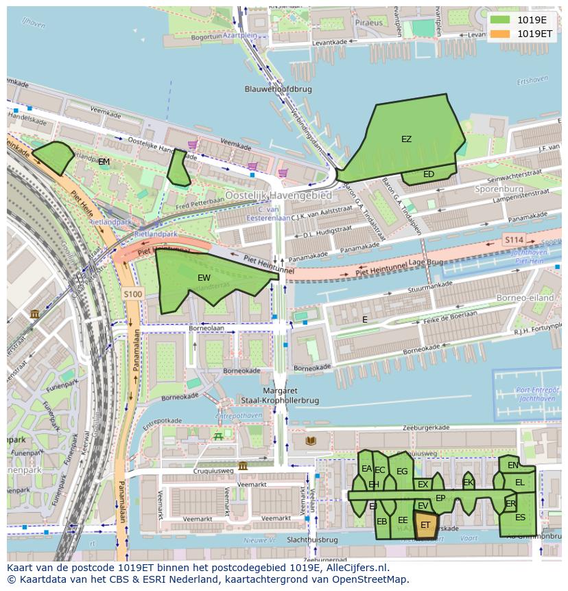 Afbeelding van het postcodegebied 1019 ET op de kaart.