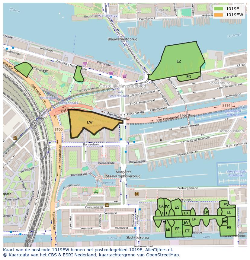 Afbeelding van het postcodegebied 1019 EW op de kaart.