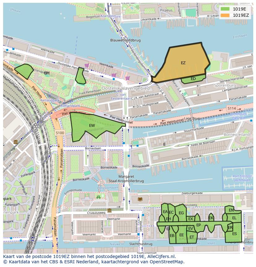 Afbeelding van het postcodegebied 1019 EZ op de kaart.