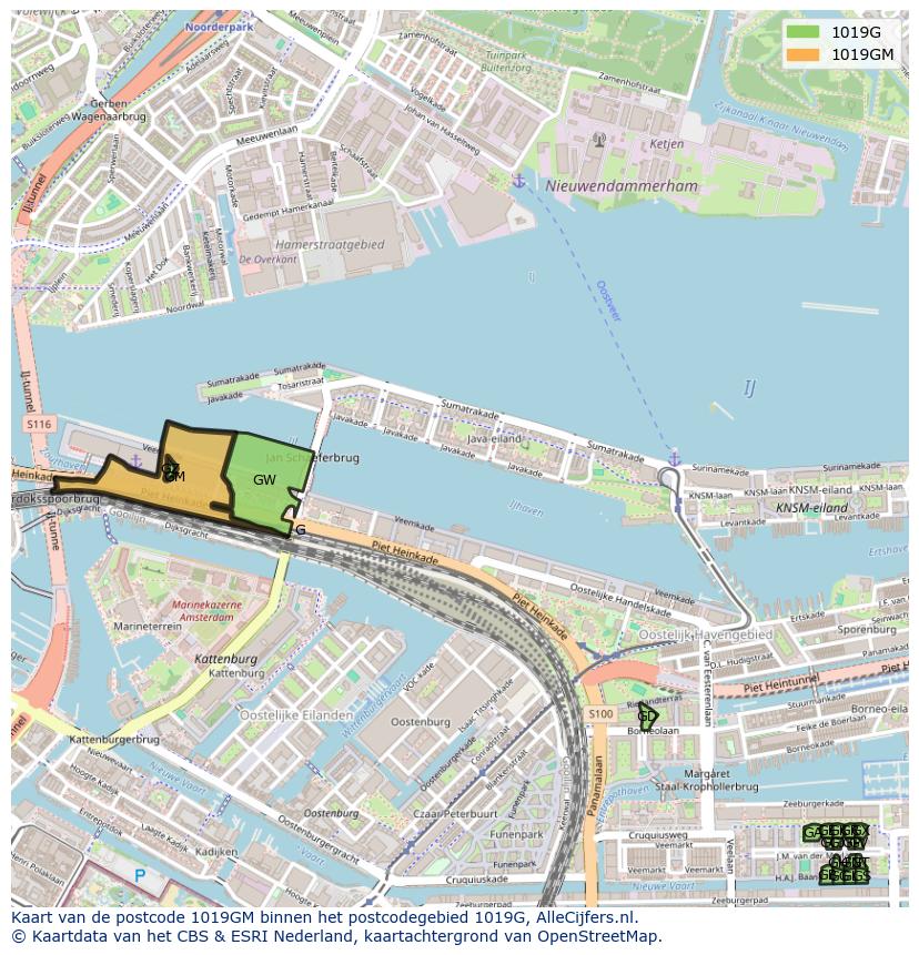 Afbeelding van het postcodegebied 1019 GM op de kaart.