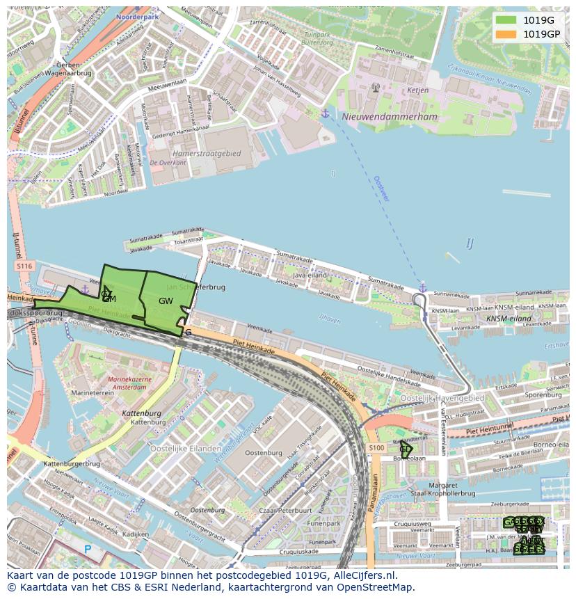 Afbeelding van het postcodegebied 1019 GP op de kaart.
