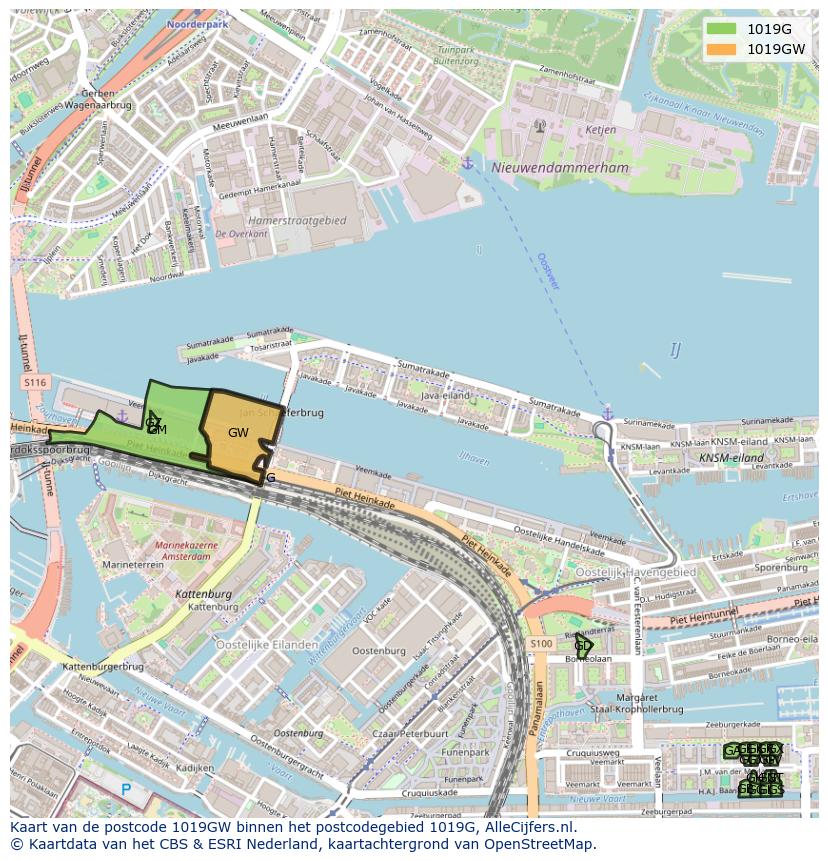 Afbeelding van het postcodegebied 1019 GW op de kaart.