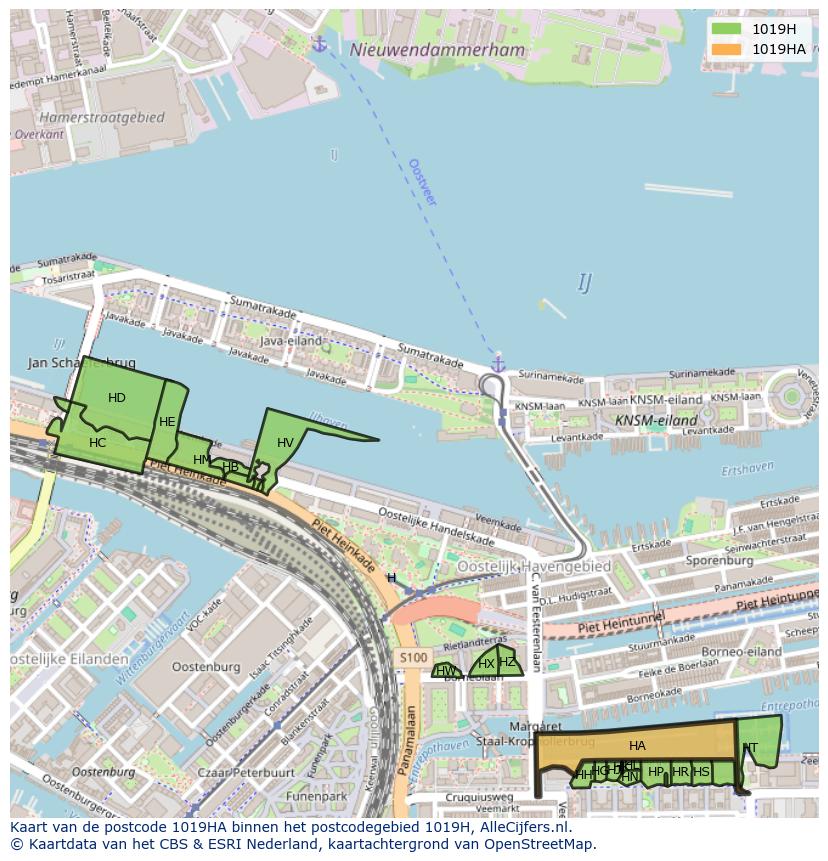 Afbeelding van het postcodegebied 1019 HA op de kaart.