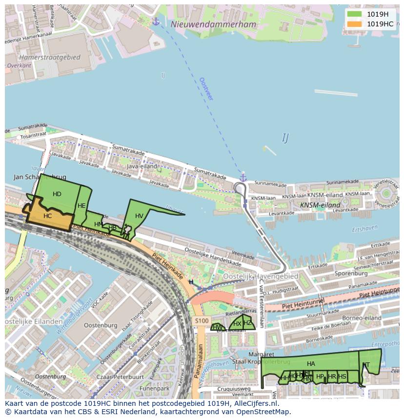Afbeelding van het postcodegebied 1019 HC op de kaart.